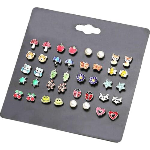 LUXSHINE 20 Pairs/lot Kids Stud Earring Set for Girls Cute Fruit Animal Ear Studs Owl Mushroom Leaf Heart Ladybug Apple Jewelry