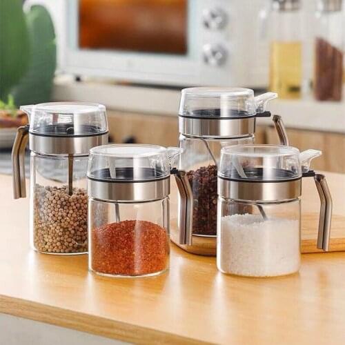 Kitchen Glass Seasoning Bottle Spice Jar Condiment Storage Box Salt Pepper Shaker Sugar Flavoring Container With Lid and Spoon