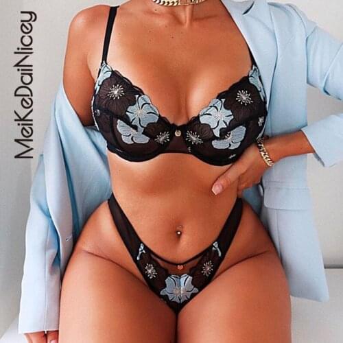 MeiKeDaiNicey Bra Lingerie Set Sexy Lace Underwire Push-up Bra Panty Set Transparent Embroidery Underwear Sexy Lingerie Suit
