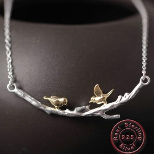 Amxiu 925 Sterling Silver Double Birds Pendant Necklace Handmade Two Tones Color Branch Necklace for Women Girls Accessories