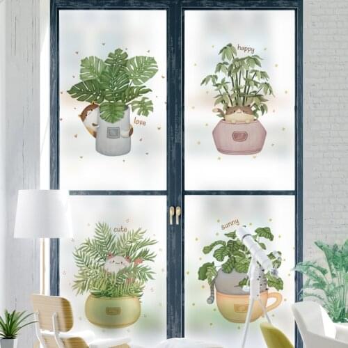 Green plant potted pattern frosted electrostatic glass film sticker opaque cat plant bathroom sliding door toilet film