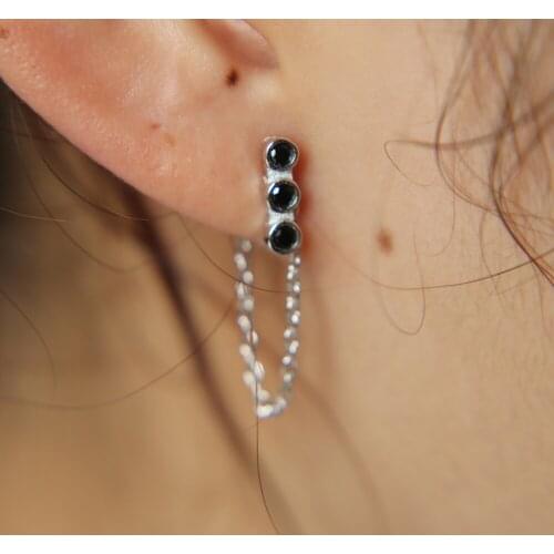 Wholesale High Quality 3 Colors Pave Turquoises Black Zirconia Three Stone Bar Studs Girls 925 Sterling Silver Chain Earring