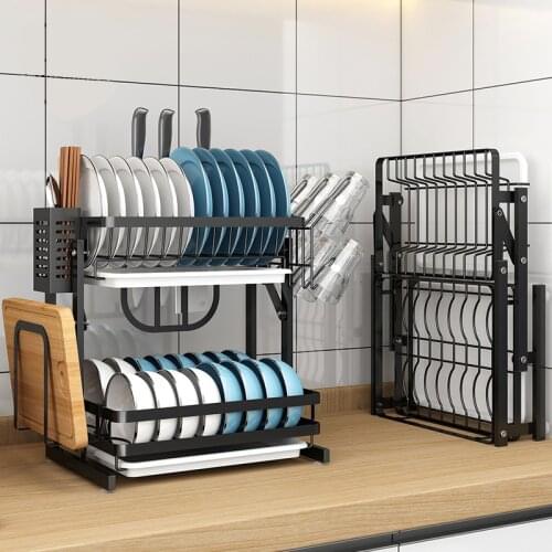 Stainless Steel Folding Dish Storage Rack Kitchen Shelf Household Double-Layer Dish Drain Rack Storage Sink Rack