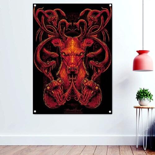 Horror Deer Head Wallpaper Devil Dark Rock Band Artworks Flags Printing Wall Hanging Brutal Heavy Metal Poster Tattoo Banner
