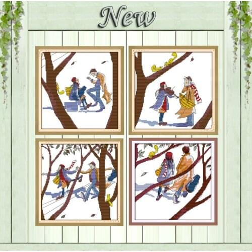 Lovers snow winter park decor painting counted print on canvas DMC 11CT 14CT chinese Cross Stitch kits embroider needlework Sets