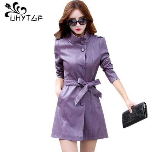 UHYTGF M-4XL Autumn Leather Jacket Women Long Windbreaker Coat Belt Slim Elegant Ladies leather Jackets Plus size Outerwear 785