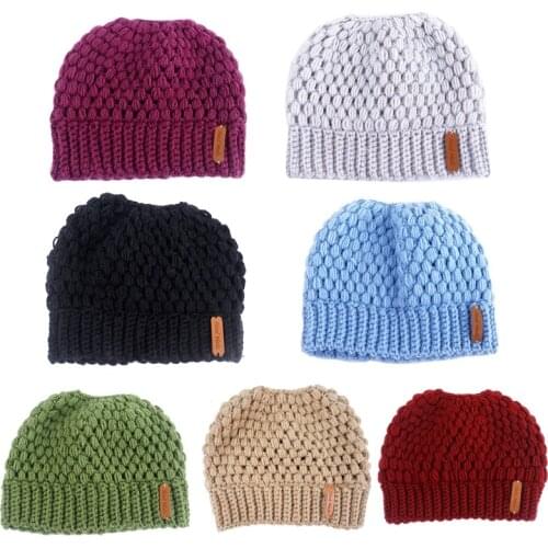Women Chunky Crochet Knit Stretch Beanie Hat Messy Bun Ponytail Holey Skull Cap A0NF