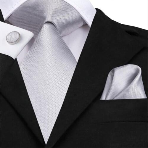 SN-3137 Hi-Tie Men Tie Silk Necktie White Ties for Men High Quality Woven Mens Hanky Cufflinks Set Solid Ties for Wedding Party