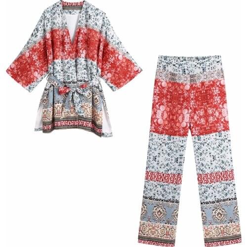 Spring and summer womens casual flower print V-neck long-sleeved belt decorative shirt + high-waist straight-leg pants suit