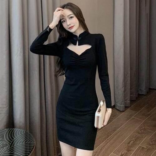 Women Retro Qipao Sexy Cheongsam Bodycon Dresses 2020 Black Traditional Chinese Dress Qipao Long Sleeve Cosplay Costume 11838