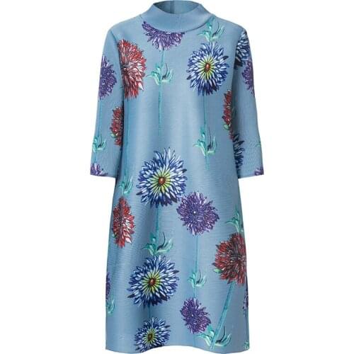 Woman Dress Plus Size Spring Autumn Stand collar Fashion Printed Loose Elastic Miyake Pleated A Line Dress For Women 45-75kg