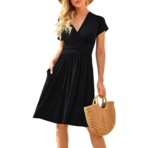 Women 2021Autumn Summer V-Neck Solid Color Straight Dresses Fashion Short Sleeve Casual Loose Dress