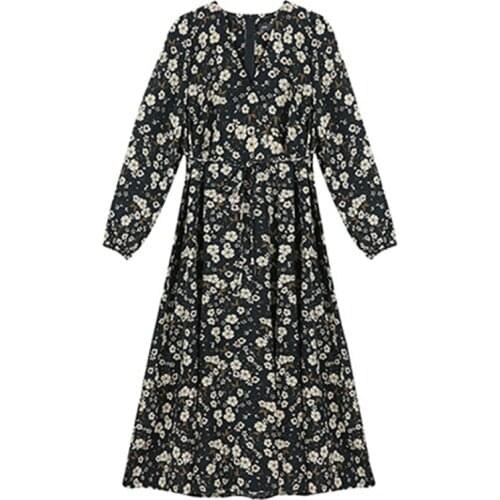 Spring 2021 New Chiffon Waist Party Dress Bow A-line Women Flower Print Floral Boho Dress Female Vestido Plus Size FC821