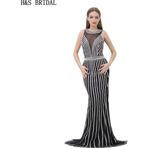 H&S BRIDAL Black Mermaid Evening Dress Sheer Neck casamento tulle Applique Crystal formal evening gowns dresses vestido longo