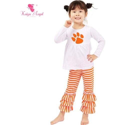 2018 Kaiya New Cotton White And Orange Stripes Baby Clothes Girl Pajamas Set Wholesal Fall Outfit Toddler Kids Birthday Gift