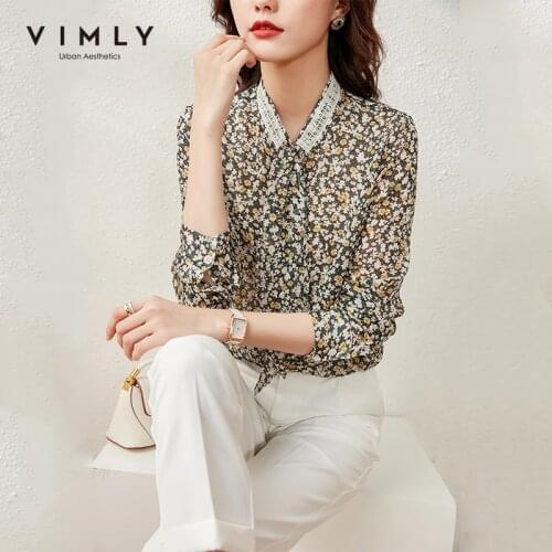 VIMLY Bow Blouse Office Lady Elegant Floral Print Button up Shirt Fashion Full Sleeve Chiffon Shirts Vintage Female Tops F6813