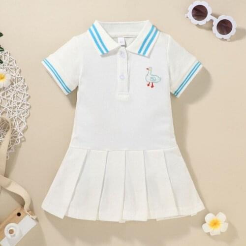 Summer Childrens Wear 1-6 Years Lapel Short Sleeve Dress College European And American Pure Color Pleated Little Girl Skirt