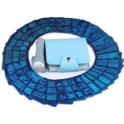 Finger Angel 35 Pcs Designs Nail Art Stamping Template 6*6cm Square Image Plate+1 Pcs Double Side Nail Stamper +1 Blue Case Kit