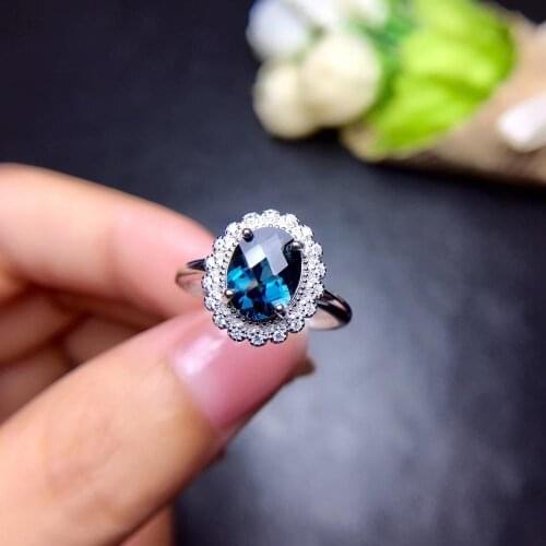 Natural London blue topaz Ring Natural gemstone Ring S925 silver trendy Sun flower round womens girl party gift Jewelry