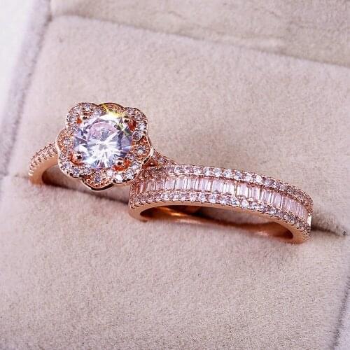 CAOSHI 2PC/Set Flower Shape Rose Gold Color Ring Romantic Proposal Ring High Quality Anniversary Gift Exquisite Womens Jewelry