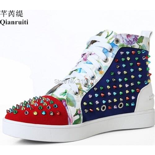 Handmade Fashion spike sneakers Vulcanized Shoes Flats High-top Men Colorful Rivets Studs runway Shoes