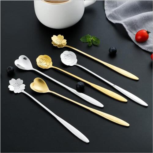 Tea Coffee Mixing Spoon Gold Spoon Long Handle Dessert Stainless Steel Vintage Teaspoons Drink Tableware Flowers Design 1PCS