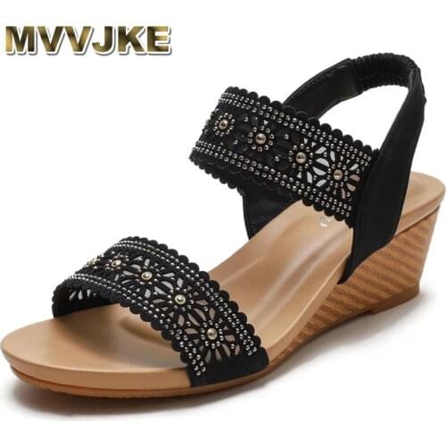MVVJKESandals womens word with flat shoes fairy style new summer plus size soft-soled fashion wedge-heel Roman shoes