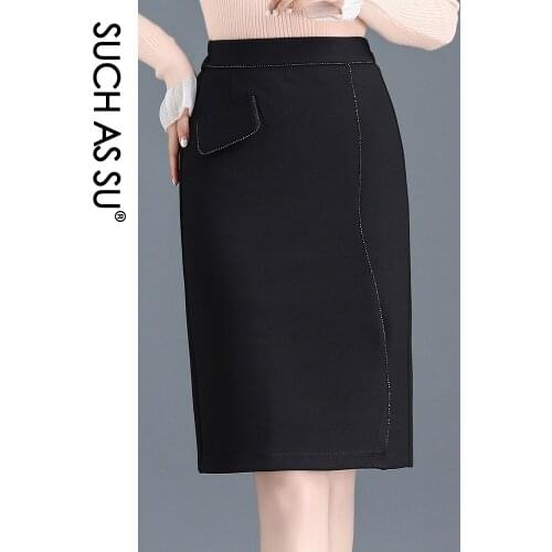SUCH AS SU Brand Sexy Work Pencil Skirts Womens Black Knit Knee-Long Skirt S-3XL Plus Size Fashion Female OL Office Wrap Skirt