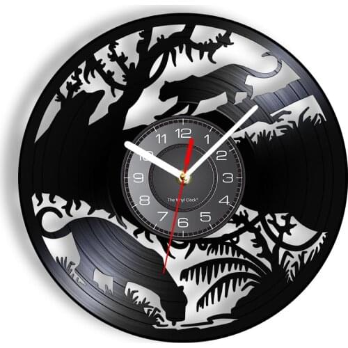 Black Panther Vinyl CD Disc Wall Clock Jungle Animals Home Decor Timepieces Wildlife Re-purposed Album Record Clock Wall Watch