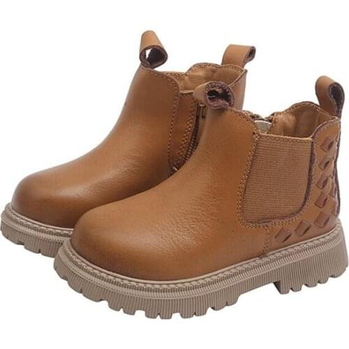 2021 Autumn New Children Short Boots Flat Heel Woven Girls Martin Boots Genuine Leather Shoe