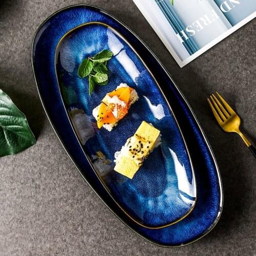 Dinner Plate Ceramics Dishes Hotel Home Kitchen Dinnerware Tray Dessert Sushi Fish Plate Porcelain Tableware Creative Blue Plate