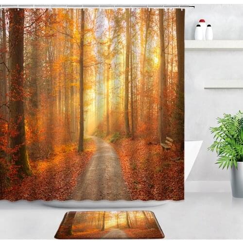 Autumn Forest Landscape Shower Curtains Bath Mats Set Maple Leaf Trees Leaves Rural Scenery Decor Bathroom Rug Non-slip Door Pad
