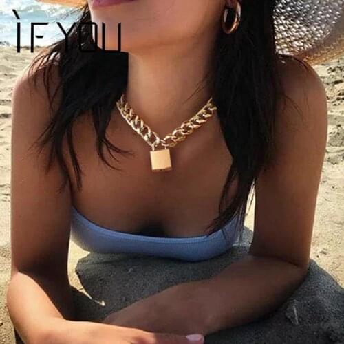 Punk Openable Key Padlock Necklace Hip Hop Big Gold Color Thick Chain Necklace Choker For Women Punk Jewelry