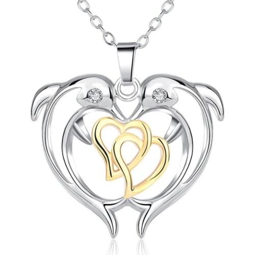 Simple Fashion Double Dolphin Heart-shaped Pendant Necklace Jewelry Valentines Day Gifts for Men and Women