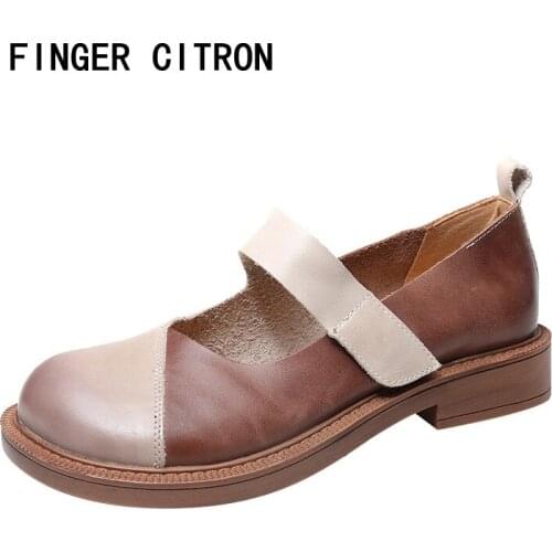 Finger Citron Genuine Cow Leather Women Mary Jane Shoes Big Round Toe Rubber Outsole By HandMade Soft And Comfortable Size 35-40