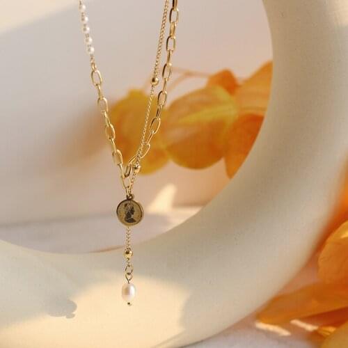 Fresh Water Pearl Drop Pendant Queen Coin Gold Plated Necklace Charm Vintage Jewelry for Lady Necklace