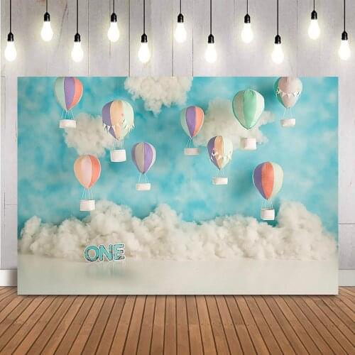 Hot Air Balloons Cake Smash Backdrop Kids Newborn Portrait One Birthday Party Decoration Background Banner Children White Clouds