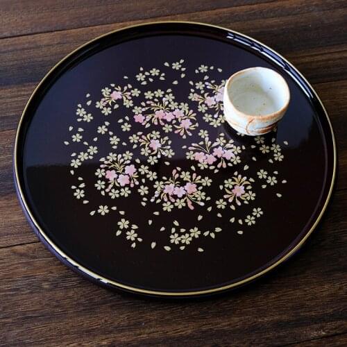 Japanese top grade lacquer dish hand painted cherry blossom sakura round fruit plate tea set tray teaware