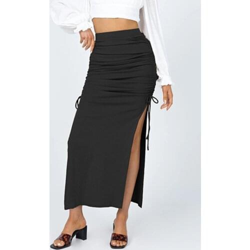 Side Split Midi Skirt Women Sexy Lace Up Bandage Solid High Waist Skirts Ladies Summer Y2K Casual