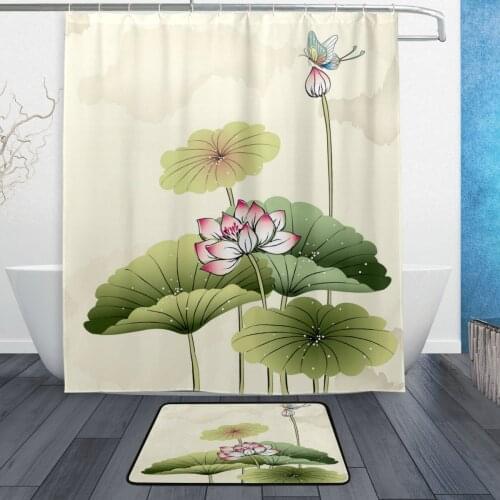 Floral Flower Shower Curtain Lotu Waterproof Fabric Bathroom Curtain