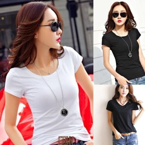 New Womens Cotton T-shirt Summer 2021 Casual Elasticity Short-sleeve V-neck Slim Bottom T-shirt Girls Tops Tees Female