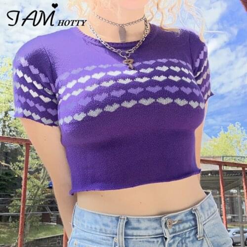 Y2k Heart Printed Short Sleeve Knitted T-shirt Women Harajuku Crewneck Cropped Top Tee Hot Summer Outfits Girls Fashion Iamhotty