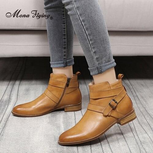 Mona Flying Women Genuine Leather Boots Hand-made Fashion Ankle Classic Soft Booties Slip-on Shoes with Low Heel 2021 NeW 068-6