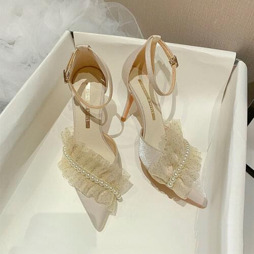 Women Shoes High Heel Pumps Summer Wedding Shoes 2021 New Satin Temperament Pearl Lace Flower Temperament Casual Shoe Sandals W