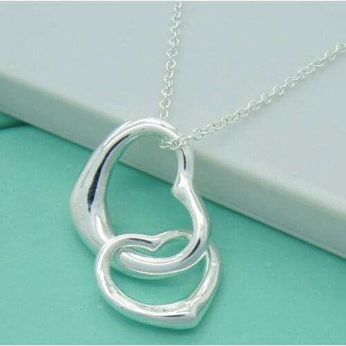 Hot Sale 925 Sterling Silver Necklace Double Heart Pendant Necklace Silver Chain Woman Wedding Jewelry Gift