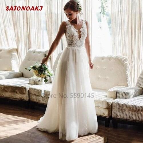 2020 Country Wedding Dress V Neck Backless Sweep Train Appliques Beaded Garden Beach Bridal Gown Vestido De Novia Mariage Online