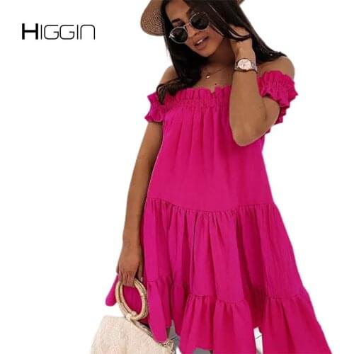 Off The Shoulder Sexy Dress Soild Loose Waist Big Swing Casual Dress For Women Fashion Summer Short Dress Streetwear Vestiods