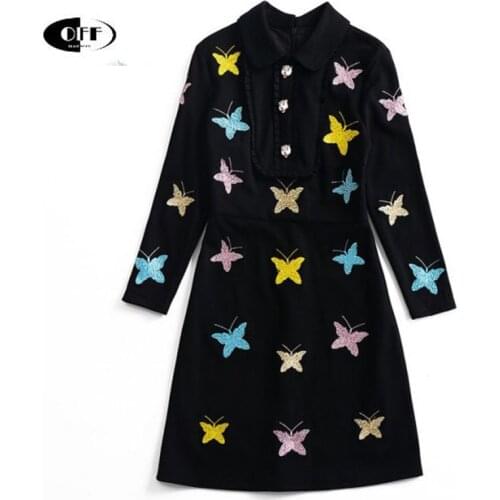 Autumn Women Midi Dress Vintage Butterfly Embroidery Black Ruffles Long Sleeve A-line Retro Traf Vestidos Casual Dresses Female