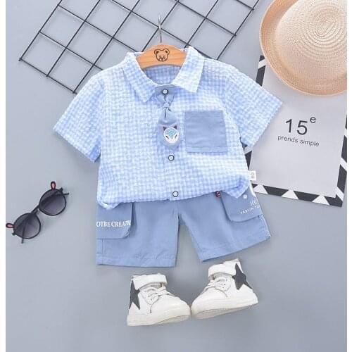 2021 Children Clothes Spring Cartoon Baby Boy Short Sleeve Plaid with Tie Shirts Pants 2Pcs/sets Kid Fashion Toddler Tracksuits