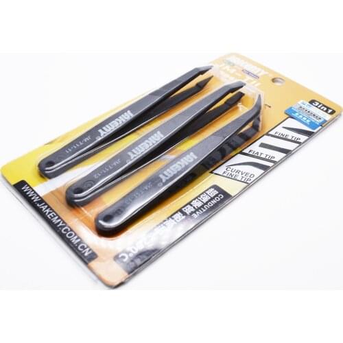 3in1 Anti-static Tweezers Kit Heat Resistant Flat Pointed Curved Tweezers For iPhone Samsung Phone Laptop PC JM-T11